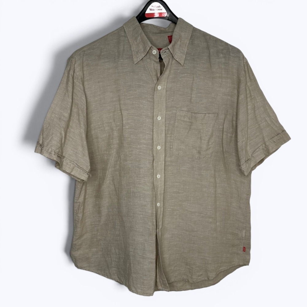 IZOD Linen Blend Short Sleeve Button Down Shirt Brown Resort Minimalist Mens‎ L